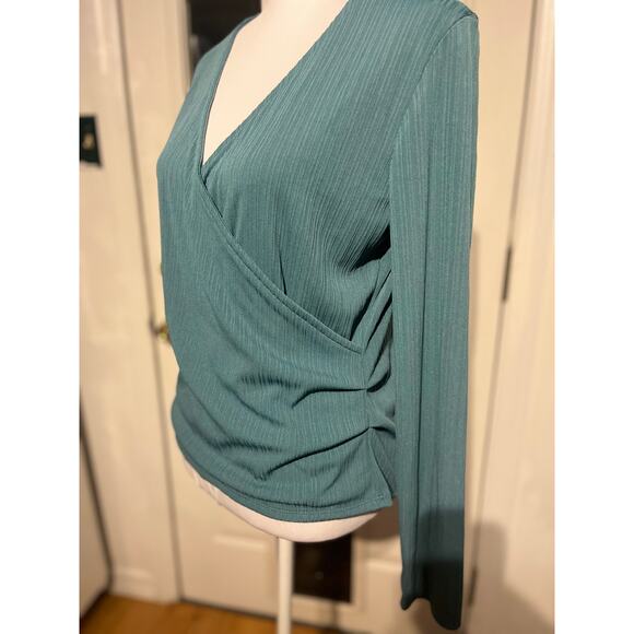 Nine West Faux Wrap Top L Turquoise Long Sleeve Business Casual colorful basic - Picture 4 of 7